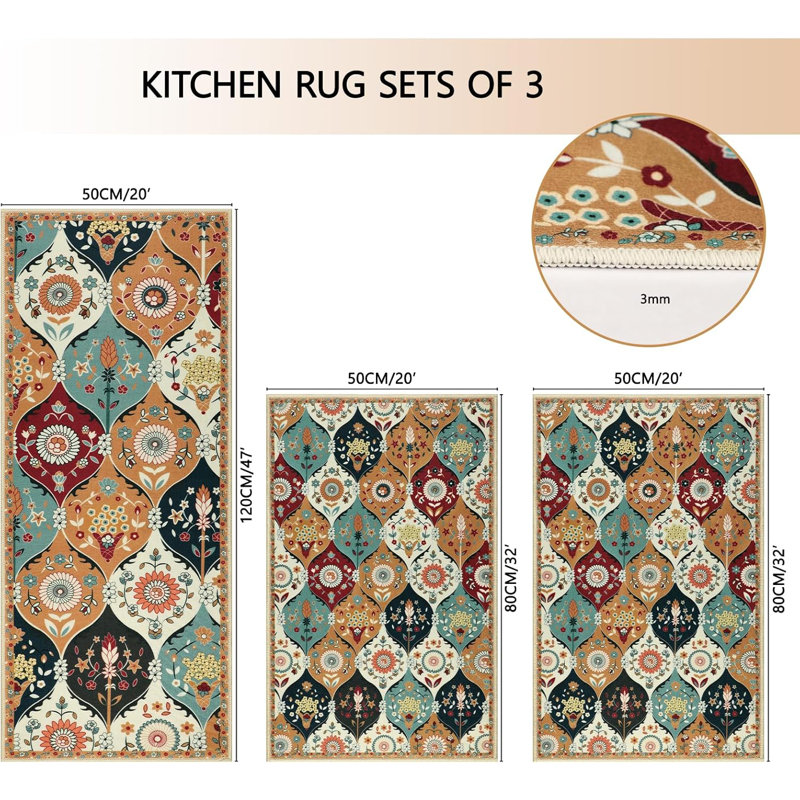 Sets of 3 Moroccan Trellis Kitchen Rug Non Slip Washable Kitchen Mats, Colorful
