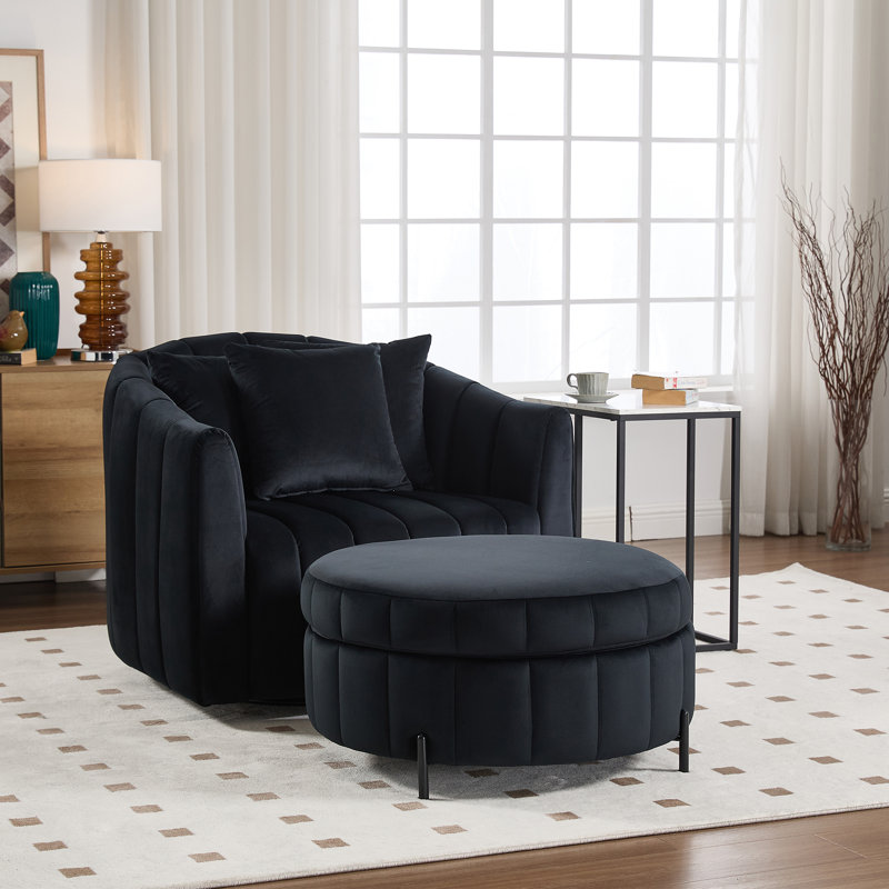 Upholstered  Swivel Barrel Armchair With Ottoman, Black
