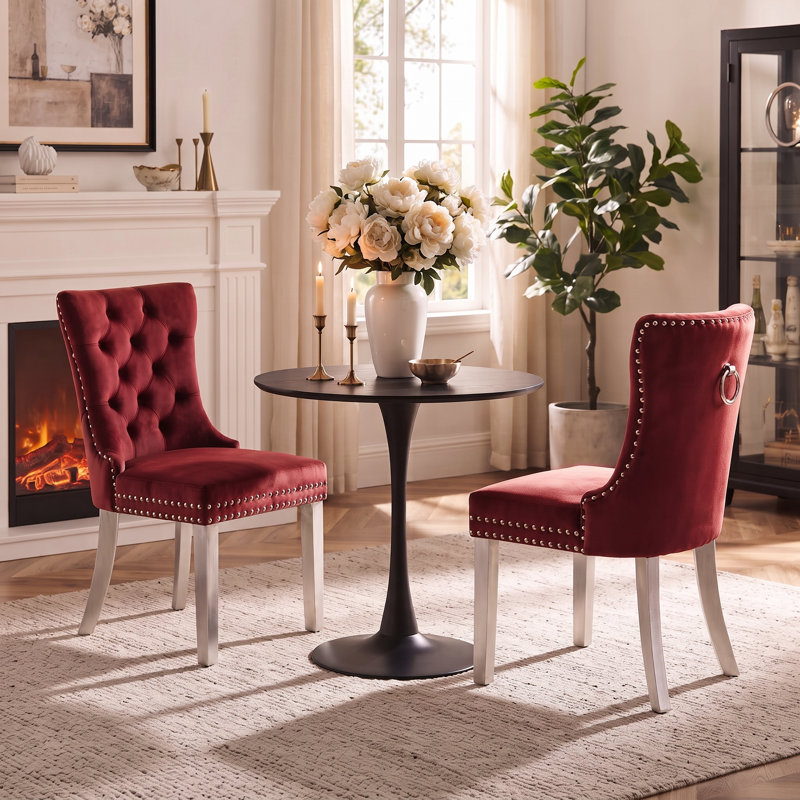 Ensemble de salle à manger rond 3 pièces avec 2 chaises rembourrées, Black, Burgundy Red/Silver