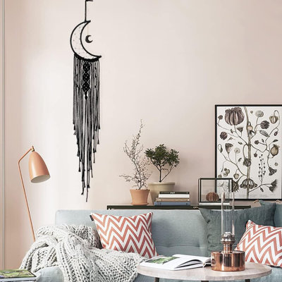 Capteur de rêves de lune noire avec attrape-rêves en coton tissé à la main Boho macramé décoration murale décoration artisanale (lune noire)