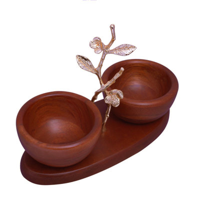 Milli Collection Acacia Wood Nut Bowls with Decorative Leaf Tray for Serving and Christmas Decor