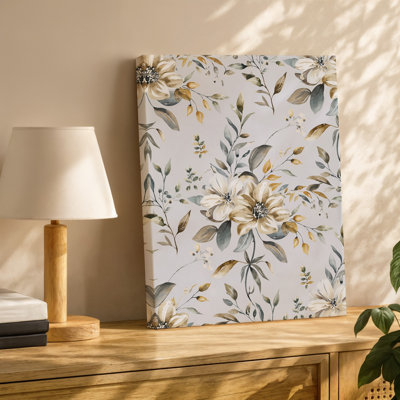 Toile d'un motif floral délicat avec des fleurs de style aquarelle douce dans des nuances de crème beige et d'or discret sur toile tendue