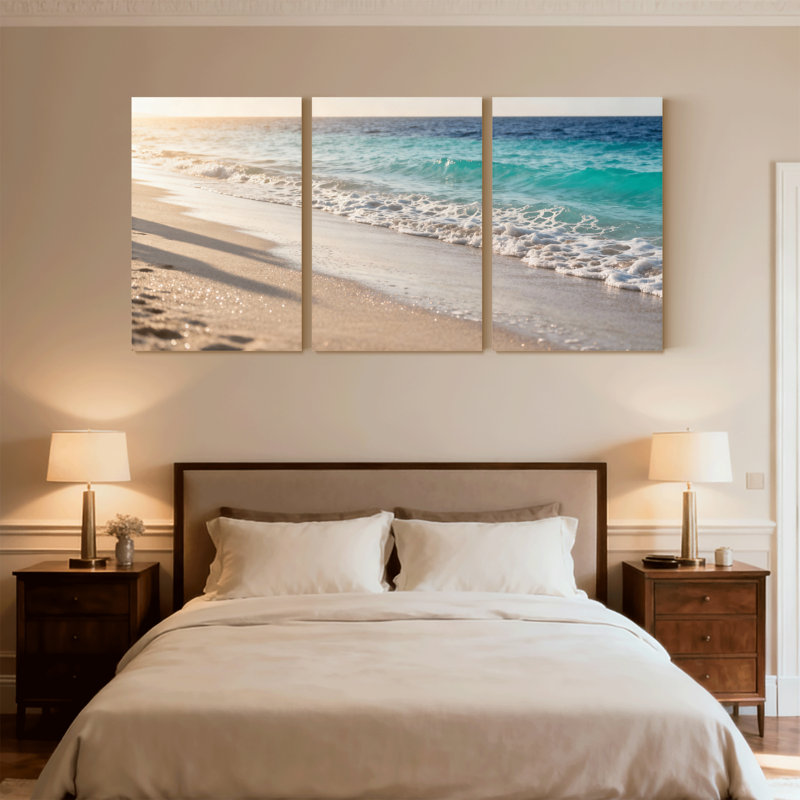 Plage, coucher de soleil, plage, vagues, océan de sable, horizon, ciel, H 18 po x l 36 po