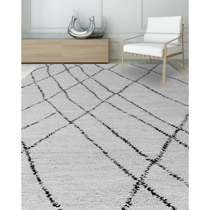 Nomad Hand-Knotted Wool Geometric Area Rug in Black/Gray, Rectangle 10' x 14', Black/White