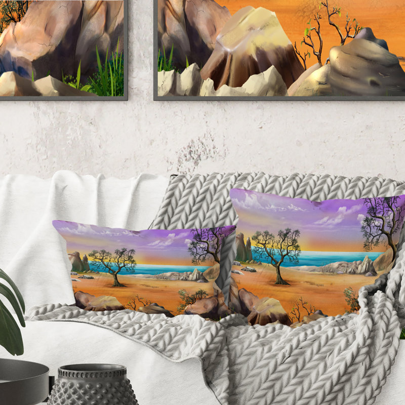 Coussin Rocky Shore With Lonely Tree And Rainbow Horizon, 16 po x 16 po