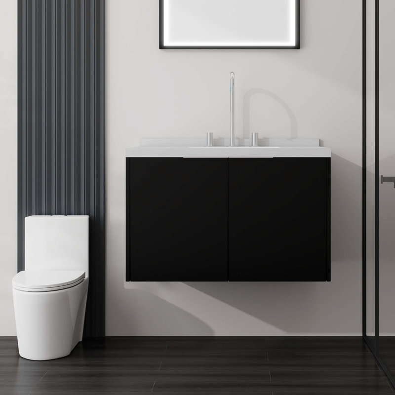 Meuble-lavabo flottant avec comptoir en marbre de culture et portes à fermeture en douceur, Noir