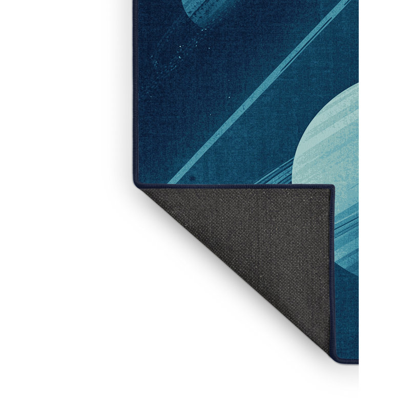 Soft Plush Hewson Exoplanet Illustration Modern & Contemporary Striped Area Rug in Blue – Navy Binding, 5x8