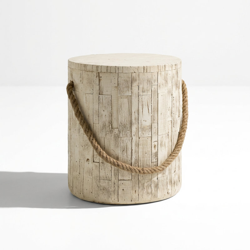 Rustic Magnesium Oxide Side Table with Simulated Braided Cord Accent, Indoor and Outdoor Accent Table