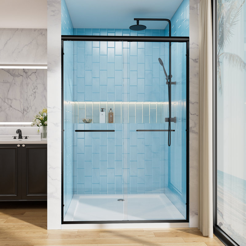 50-54" W X 72" H Double Sliding Door Aluminum Frame Shower Door Matte Black, Black