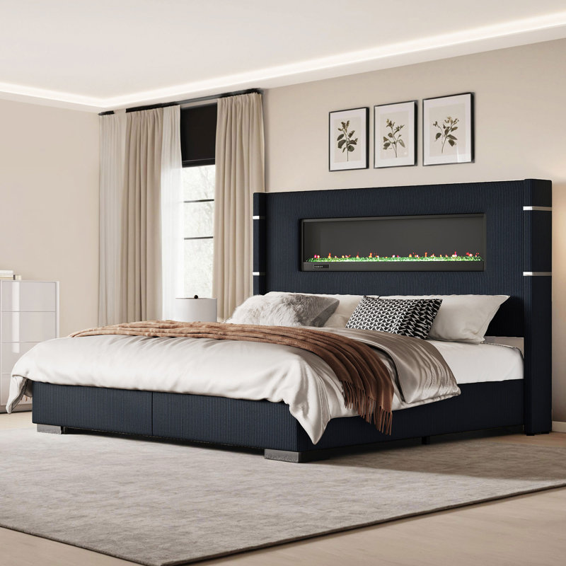 Lit moderne H 60,4 po avec tête de lit et foyer en velours côtelé, Noir, Très grand