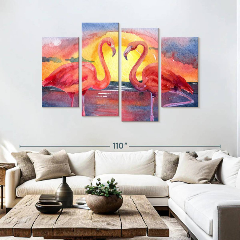 Flamants et coucher de soleil, H 54 po x l 84 po