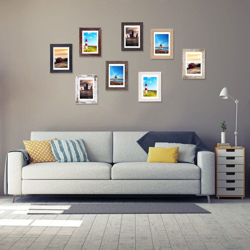 Ensemble de 8 cadres photo 5 x 7, cadres photo rustiques multicolores, formats vertical et horizontal pour suspendre au mur et exposer sur une table