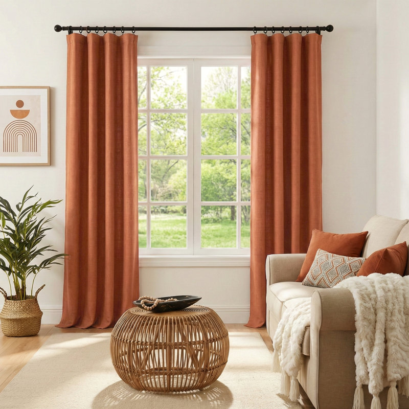 Birglinde Faux Linen Thermal 100% Blackout Curtains Rod Pocket/Ring Clips, 50" W x 108" L, Orange