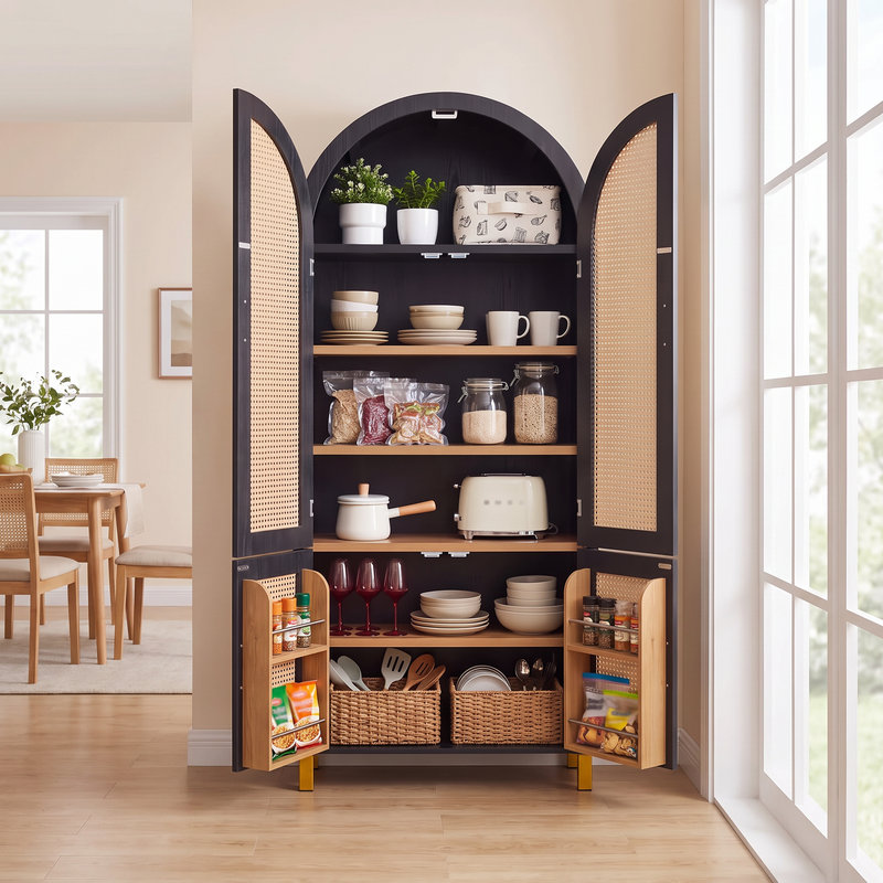 Armoire à porte en rotin arquée de 71 pouces avec tablettes réglables; Rangement de ferme moderne à 4 portes avec tablettes intégrées; convient aux cuisines, aux salles à manger et aux bureaux; noir.