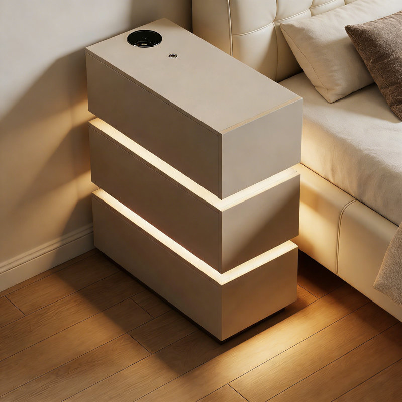 Table de chevet intelligente avec lumière DEL - table d'appoint à 3 tiroirs pour la chambre à coucher, station de chargement sans fil USB C, table de chevet moderne pour petits espaces