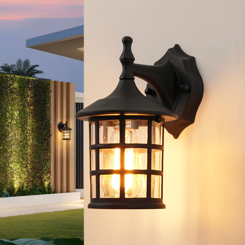 10" Black Outdoor Coach Lights with Seeded Glass Shade