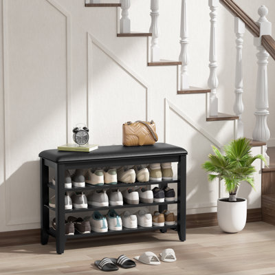Shoe Rack Bench Entryway Storage with Leather Cushion and 3 Height-Adjustable Removable Shelve