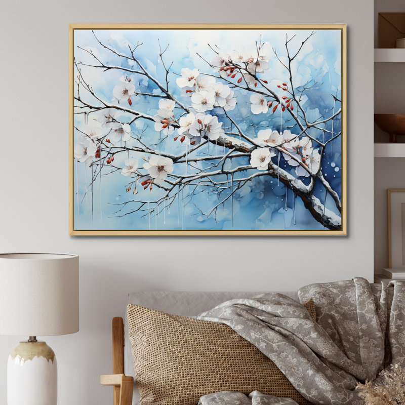 "Blue Blossom On Winter Scenery I", reproduction d'art sur toile, H 24 po x l 32 po x P 1 po, Cadre naturel flottant