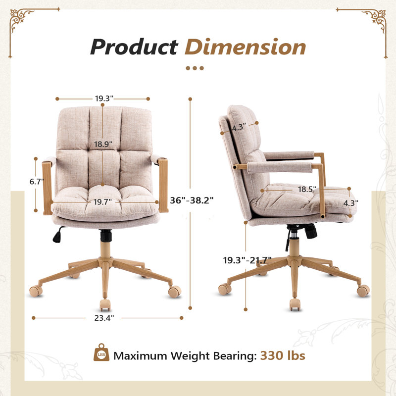 Linen Blend Swivel Office Chair Adjustable Height With Wood Armrests For Home Office And Living Room, Khaki