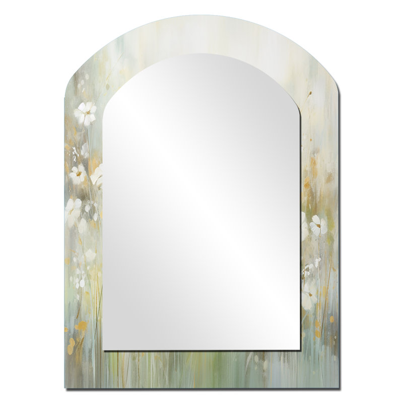 «Green Beige Serene Meadows II - Botanicals Arch Mirror», miroir mural asymétrique vert unique, impression d'art en métal