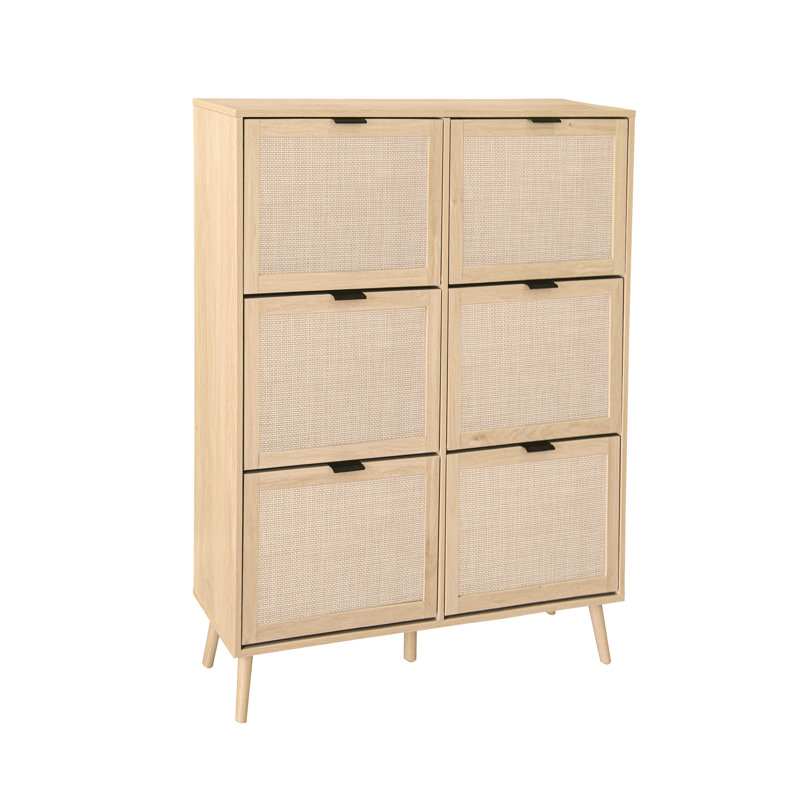 Étagère à chaussures élégante en rotin à 6 portes, armoire de rangement autoportante moderne avec dispositif anti-déversement, sécurité accrue