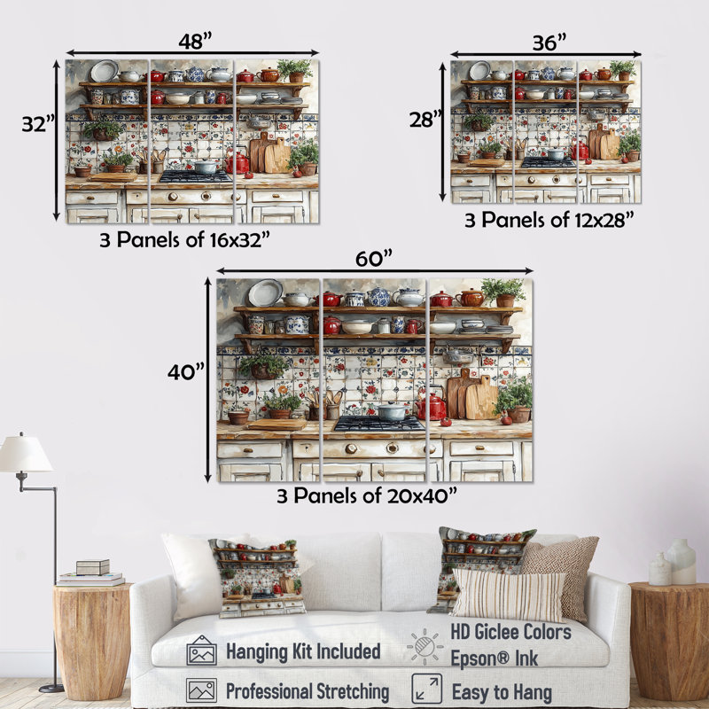 Country Kitchen Rustic Dream II - ensemble de reproductions d'art mural de cuisine, Toile tendue, H 32 po x l 48 po x P 1 po