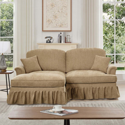 Elegant Mid Century Large Two Seater Modular L Shaped Sofa Couch With Flared Arms And Removable Ruffles Pleats Skirts And Spindle Legs, Comfy Chenille Loveseat Sofa With Movable Ottoman