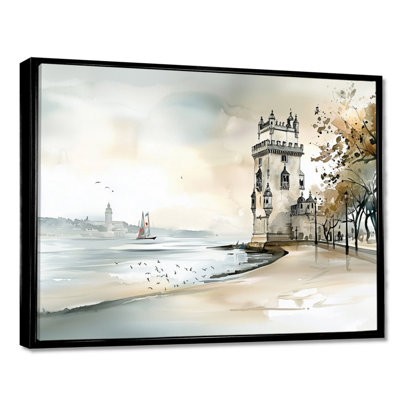 Belm Tower In Portugal - Portugal, art mural pour le salon, H 30 po x l 40 po, Cadre flottant noir