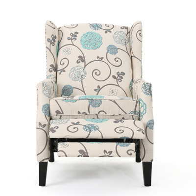 White+multi (floral) Pushback Recliner - Fabric Wingback With Nailhead Trim & Birch Wood Legs