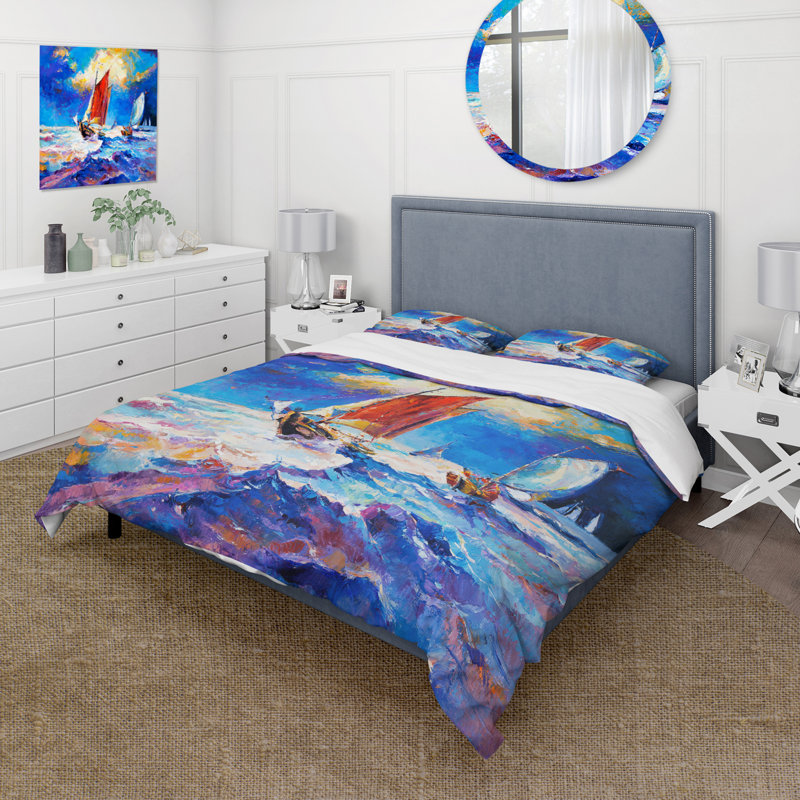 Voiliers sur les vagues de l'océan pendant le coucher du soleil - Ensemble de housse de couette nautique - Polyester en microfibre