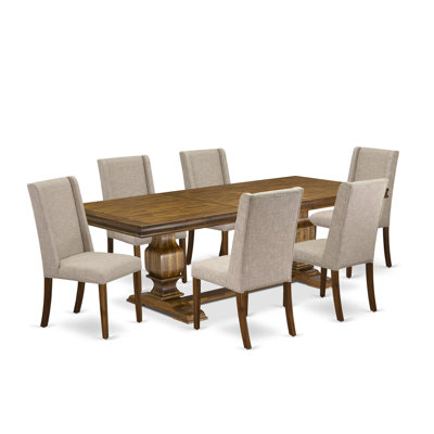 7-piece dining table set consists of a dinner table and 6 Light Tan Linen Fabric upholstered chairs with Padded Chair Back - Antique Walnut Finish.