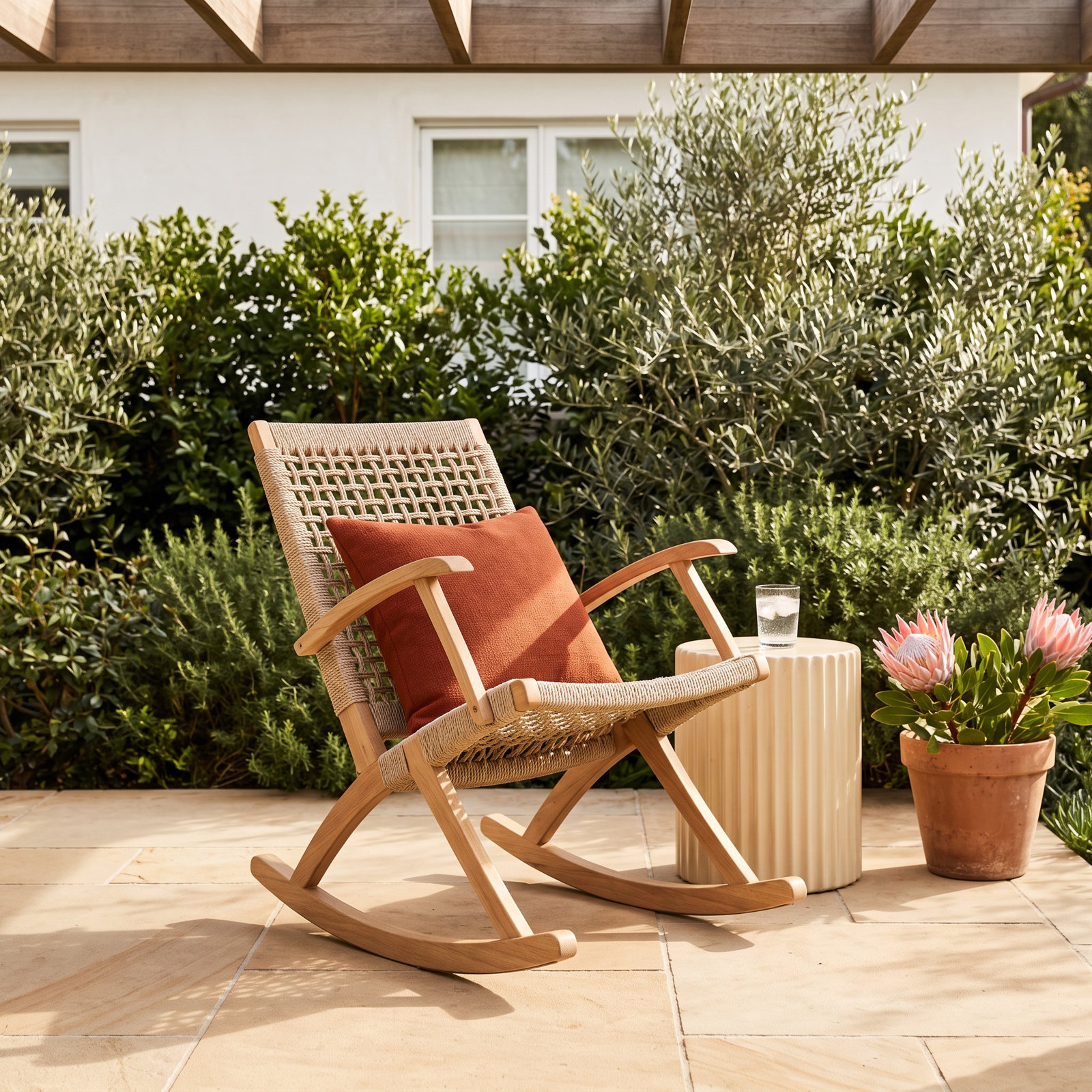 Brayson Eucalyptus Patio Rocking Chair, Light Brown/Wheat Rope