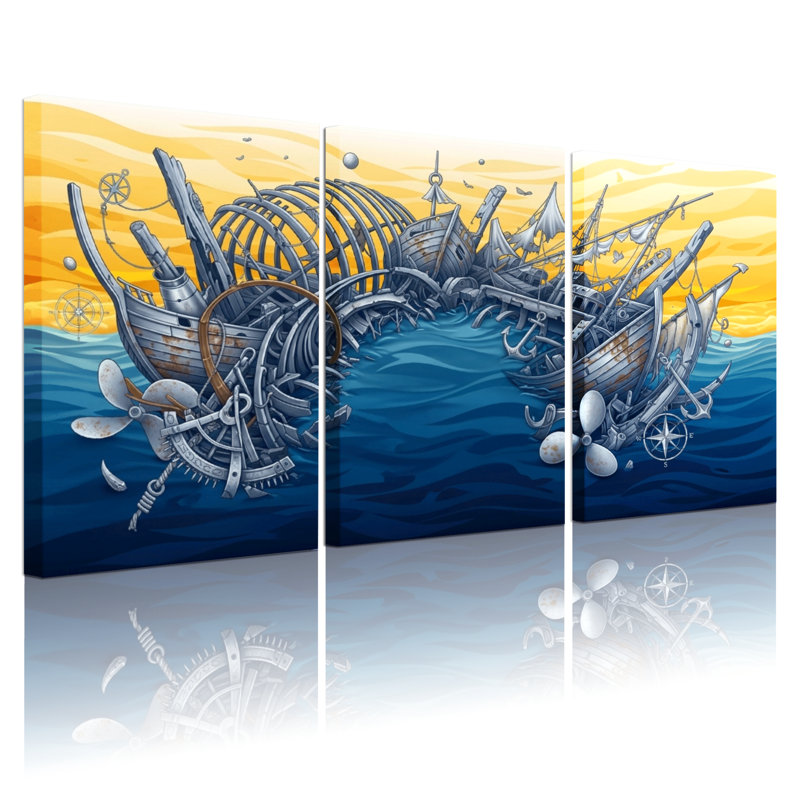 «Nautical & Beach Steampunk Ship Wreck Ocean», ensemble de 3 impressions sur toile, H 18 po x l 36 po