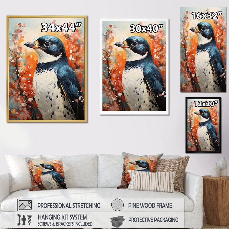 «Curious Flower Penguin Scenery» sur impression sur toile, Cadre photo noir simple, H 20 po x l 12 po x P 1 po