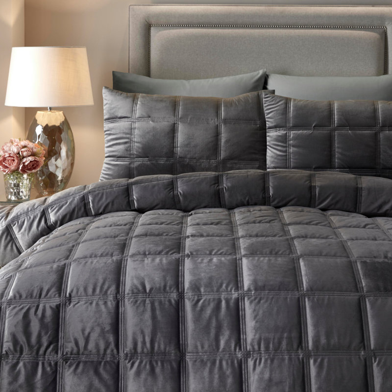Brighton Square Velvet Geometric Shapes Duvet Cover Set with Pillowcases Included, Kingsize - 2 Standard Pillowcases, Slate