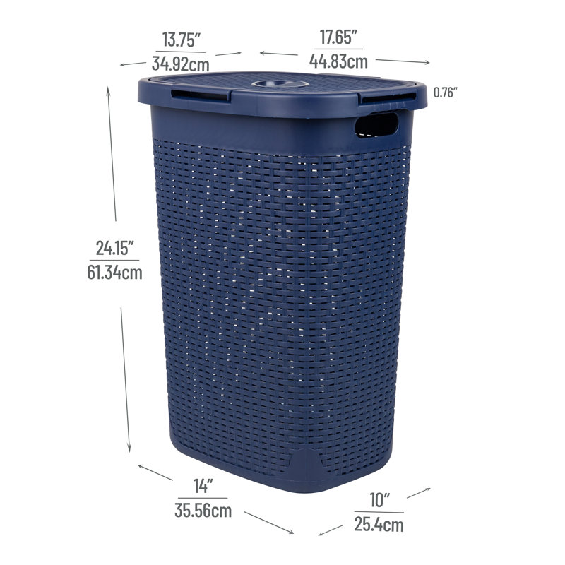  60 L Slim Laundry Hamper, Clothes Basket, Lid, Plastic, Navy, 24.15" H x 17.65" W x 13.75" D