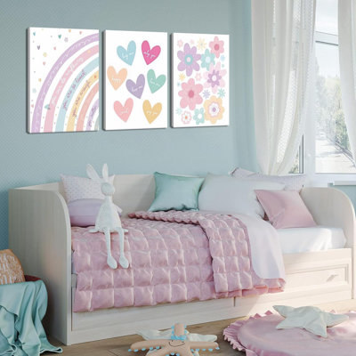 3 Pieces Nursery Boho Wall Art, Framed Cartoon Rainbow Canvas Prints, Colorful Heart Wall Decor, Cute Flower Posters Artwork, Pink Girls Room Aestheti