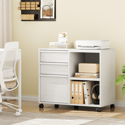 Classeur à roulettes en bois avec 3 tiroirs et 2 tablettes ouvertes, support d'imprimante mobile pour dossiers de format lettre / A4, roulettes verrouillables pour le rangement de bureau personnel, blanc antique