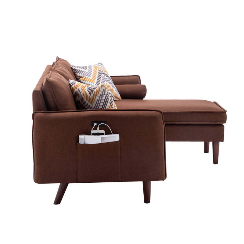 Gouvernour L Shaped Sectional Sofa Chaise with USB Charger & Pillows, Right Hand Facing, Polyester, Brown Polyester