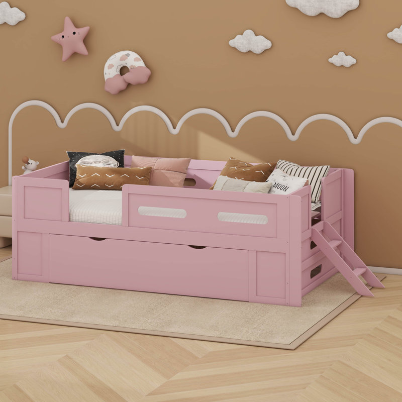 Lit plateforme en bois avec garde-corps et tiroir, Simple, Rose