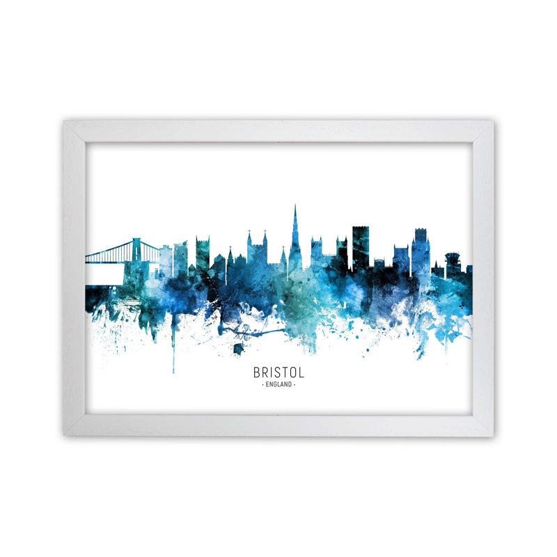 Bristol England Skyline Blue City Name by Michael Tompsett - Print, 46cm H x 63cm W x 3cm D, White Framed
