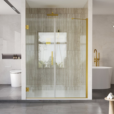 55-56 in. W x 72 in. H Hinged Frameless Shower Door with Fixed Glass Combo, 3/8 in. SGCC Clear Tempered Glass,Brushed Gold
