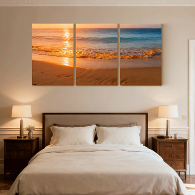 Plage, coucher de soleil, vagues océaniques, plage de sable, lumière dorée, ensemble de 3 impressions sur toile