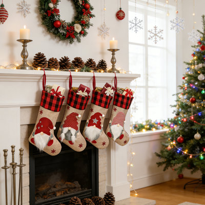 4-Piece Gnome Christmas Stocking Set 46cm/18.11in – Burlap & Plaid Holiday Gift Bags with Santa Snowflake Designs, Farmhouse Style for Mantel Tree Window Decor