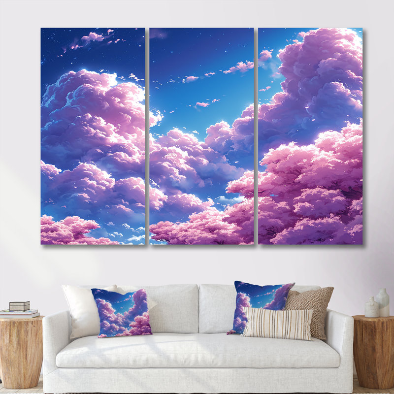 Ensemble de salon art mural nuage rose, H 28 po x l 36 po x P 1 po, Toile tendue