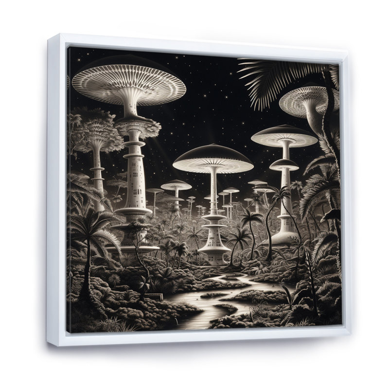 Champignons magiques énigmatiques en noir et blanc - imprimé, Cadre flottant blanc, 36" H x 36" W