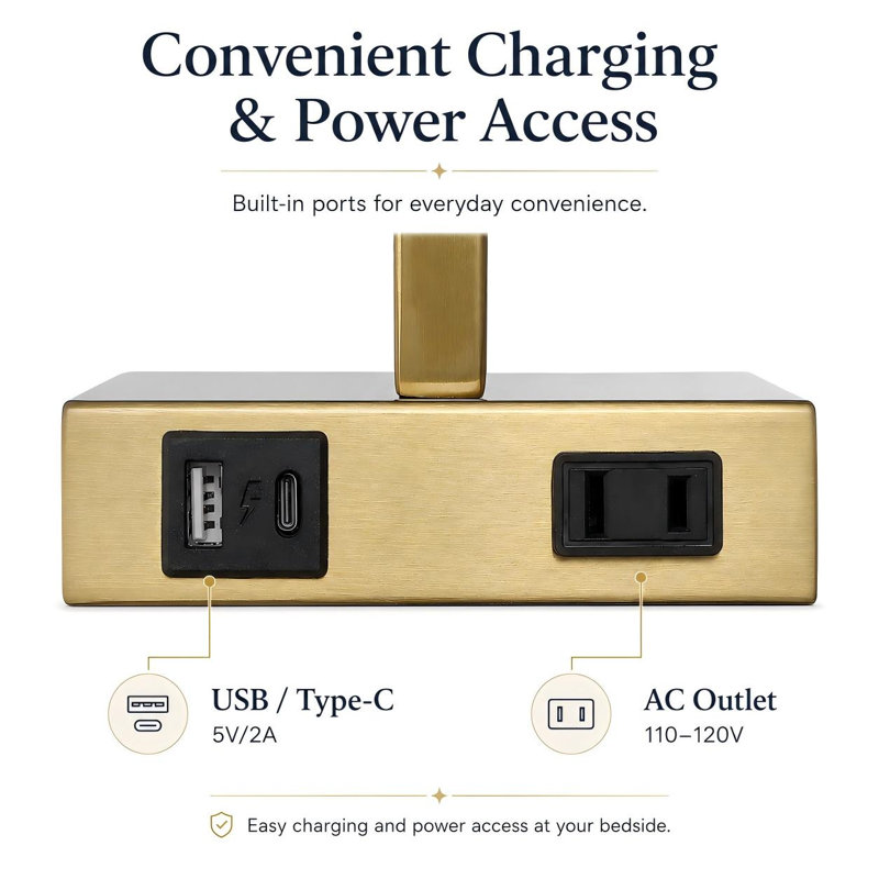28.5" Metal Table Lamp Set With USB, Type-C Ports And Built-In Outlet(Set Of 2), Brushed Gold, Pull Chain