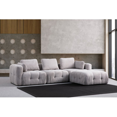 Modern Corner Sofa, Light Grey, 9.5 x 6.6 ft | Beech Wood & Chipboard Frame, 100% Polyester Fabric | Soft Foam & Silicone Back Cushions | Includes 5 Pillows | Perfect for Living Room & Family Spaces