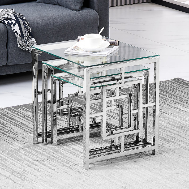 Broadoaks Classic 3 - Piece Stainless Steel Nest Of Tables With Tempered Glass Top For Living Room, Clear top/Chrome Base