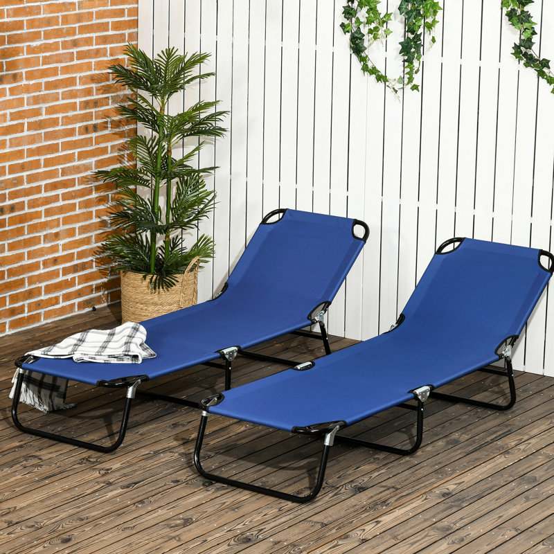 Chaises de patio pliantes 2 pièces, inclinable à 5 niveaux, fabrication en acier, chaises longues bleues pour la plage, cour, cadre